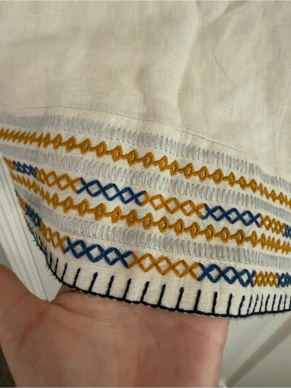 White Embroidered Sleeveless Linen Dress with Blue & Yellow Trim - Picture 5 of 7